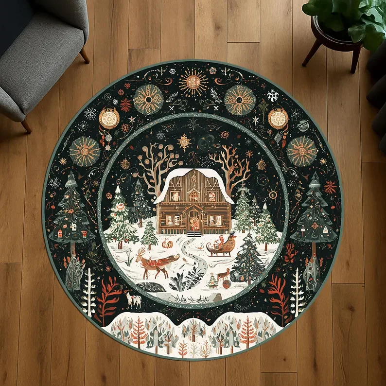 Runder Teppich mit Weihnachtsdorf, nordischer Winter, runder Rentier-Ornamente, runder Teppich, gemütliche Kabine, runder Teppich, festliche Wald-Urlaubsdekoration