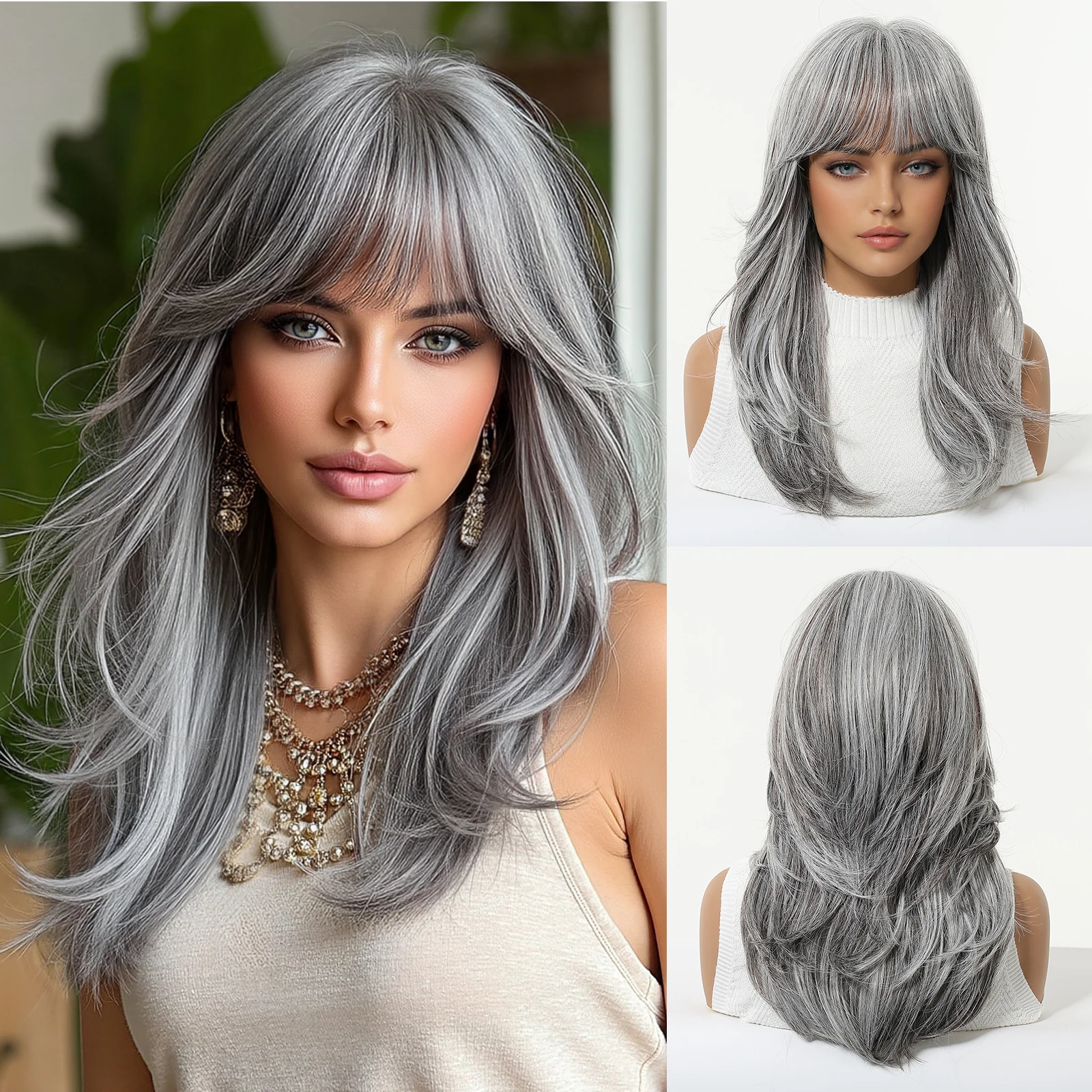 Farbverlauf-Silbergraue, geschichtete Perücke mit Pony, lange, glatte, synthetische Perücke für Frauen, natürlich, hitzebeständig, für den täglichen Gebrauch und Partys Image