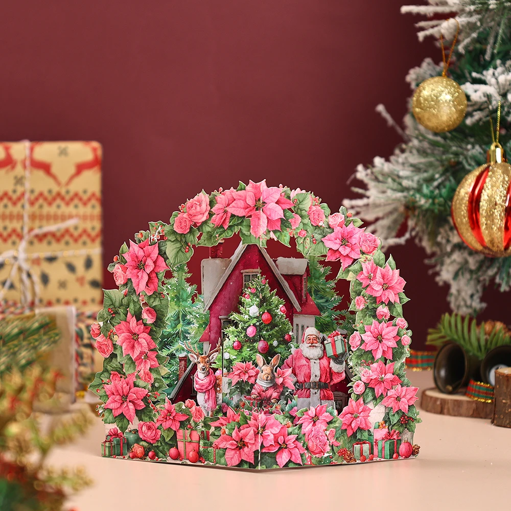 3D-Popup-Karte mit rosa Weihnachtsstern als Weihnachtsszene im Freien Image