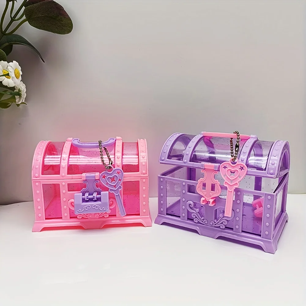 1 Stück rosa/lila süße Make-up-Box, Kunststoff-Spielzeugkiste mit Schloss, Schatzkiste Schmucketui, Dekoration Ornament Case Mädchen Dressing