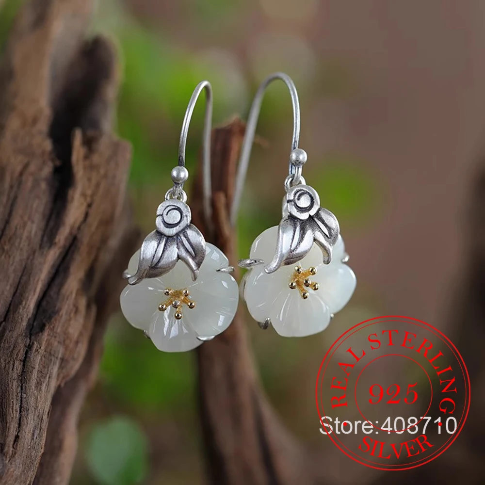 925 Sterling Silber Schmuck Natürliche Jade Vintage Blumen-Ohrhänger für Frauen Hochzeit Party Schmuck für Mädchen Freundesgeschenk Image