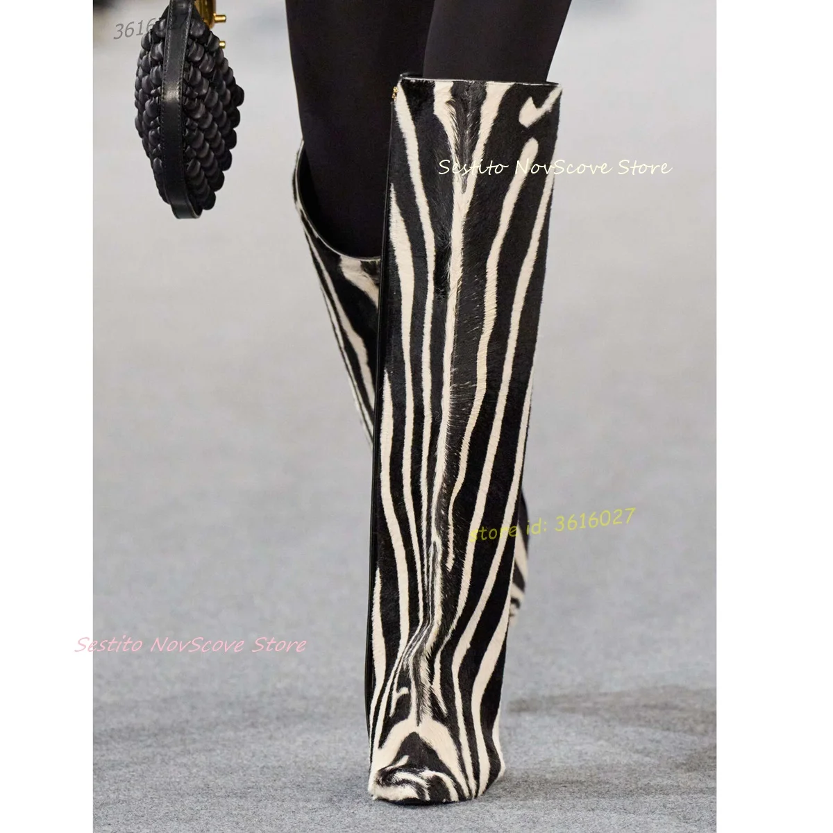 Zebra-Druck, spitze Zehen, Wildleder, Keile, kniehohe Stiefel, schwarze und weiße Streifen, sexy Damen-Frühlingsmode, lange Stiefeletten, Party Image
