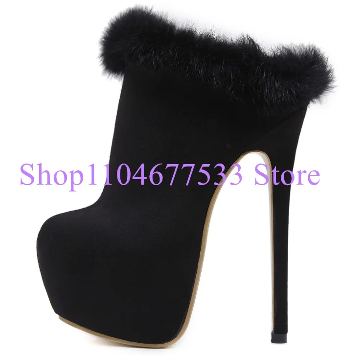 Schwarz Wildleder Plattform Pelz Stiefeletten Frauen Sexy Slip-on Stiletto Kurze Stiefel Dame Große Größe Party Schuhe Hausschuhe booties