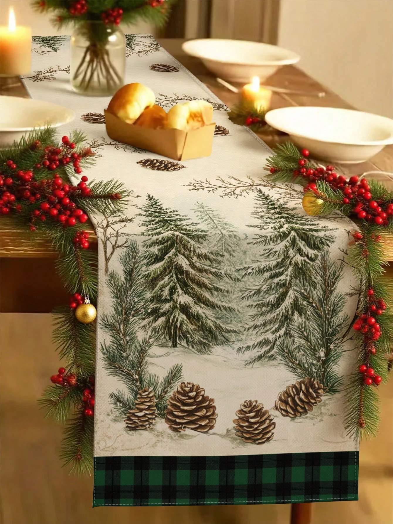 1 Stück Weihnachts-Tischläufer aus schneeem Kiefernwald, karierte Tannenzapfen-bedruckte Feiertagstischdekoration für die Weihnachtsdinnerparty Image