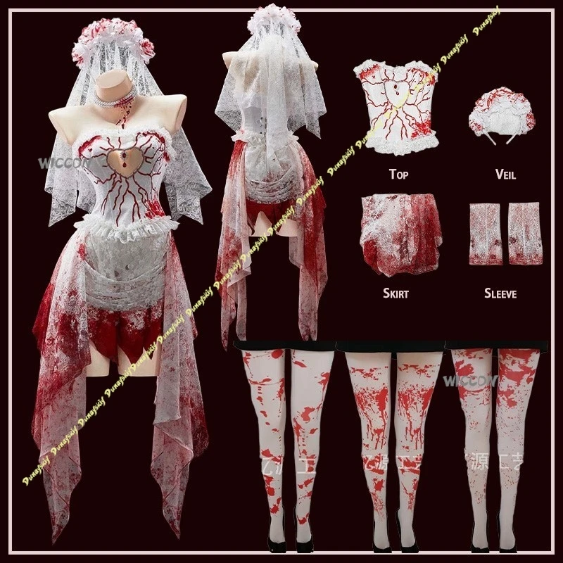 Cosplay Kostüme Spiel Blutige Weiße Braut Gothic Ausschnitt Kleid Anime Mädchen Rock Socken Prop Party Bühne Anzug Halloween Weihnachten