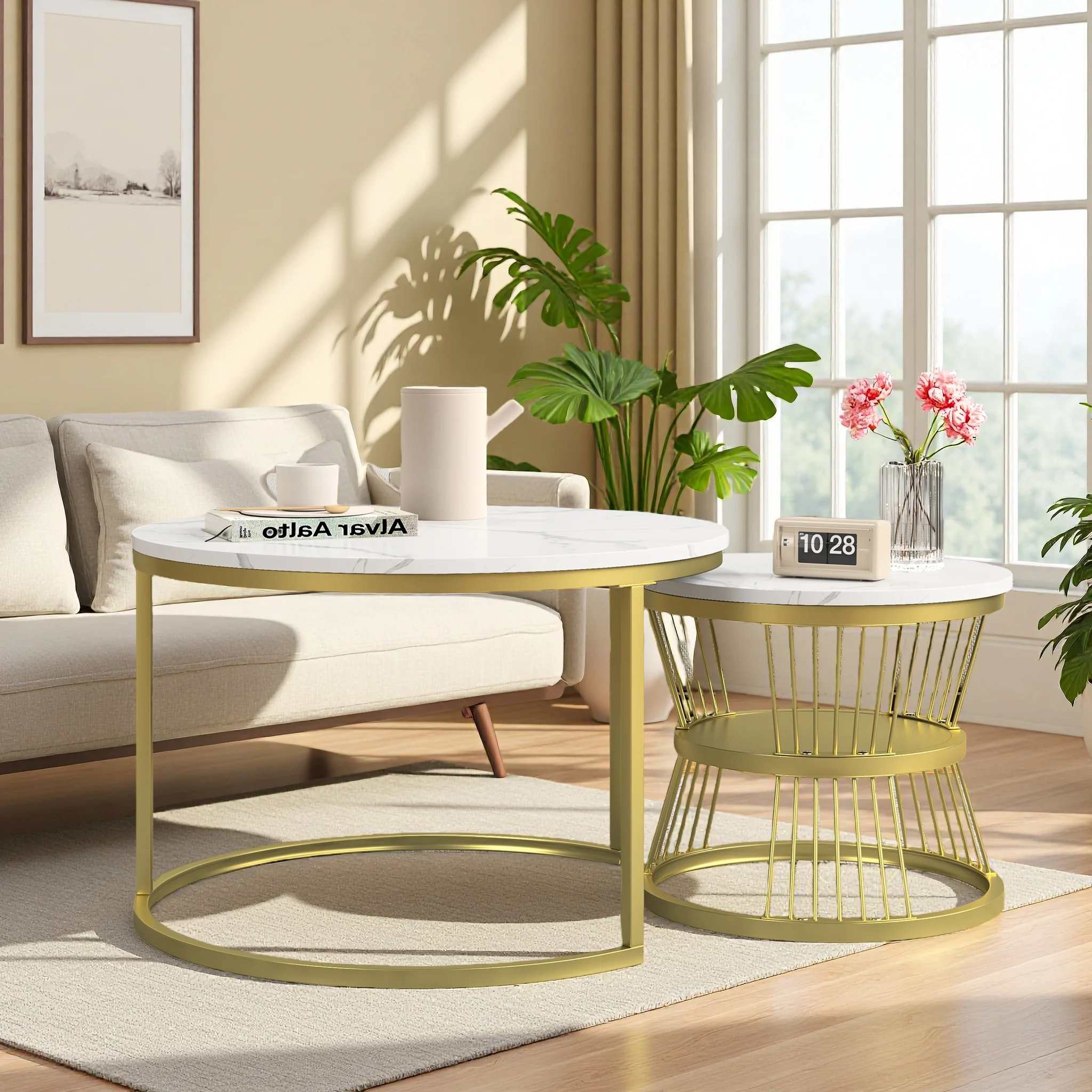Rosahqnda Sofatisch, Couchtisch-Set, 2-teilig, Wohnzimmer, runder Couchtisch, Metallrahmen, Beistelltisch aus Holz, Wohnzimmertisch