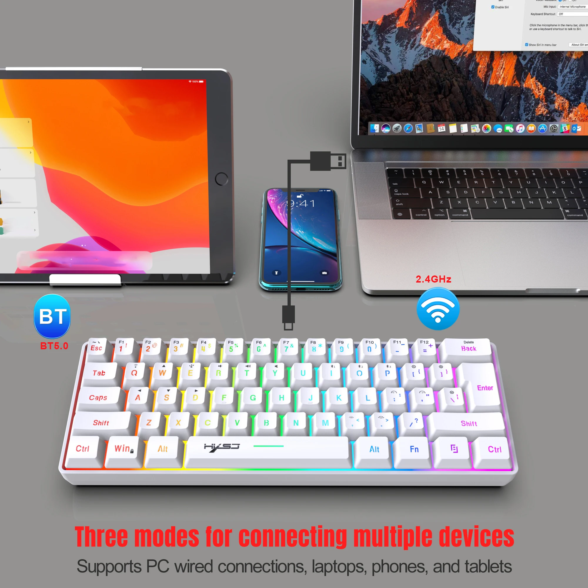 60 % kabellose Gaming-Tastatur, 61 Tasten Triple Mode BT5.0/2.4G/USB-C kabellose Tastatur – RGB-Hintergrundbeleuchtung Image