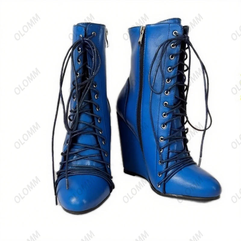 Olomm Neue Ankunft Frauen Winter Stiefeletten Lace Up Wedges Heels Runde Kappe Elegante Schwarz Party Schuhe Damen Plus UNS Größe 5-20