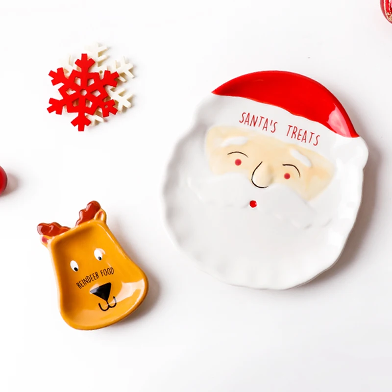 2 Stück Weihnachts-Keramik-Leckereien, Teller, Geschenkset, 3D-Relief, handbemalt, Rentier, Weihnachtsmann-Design, Urlaubsnacht vor Weihnachten Image
