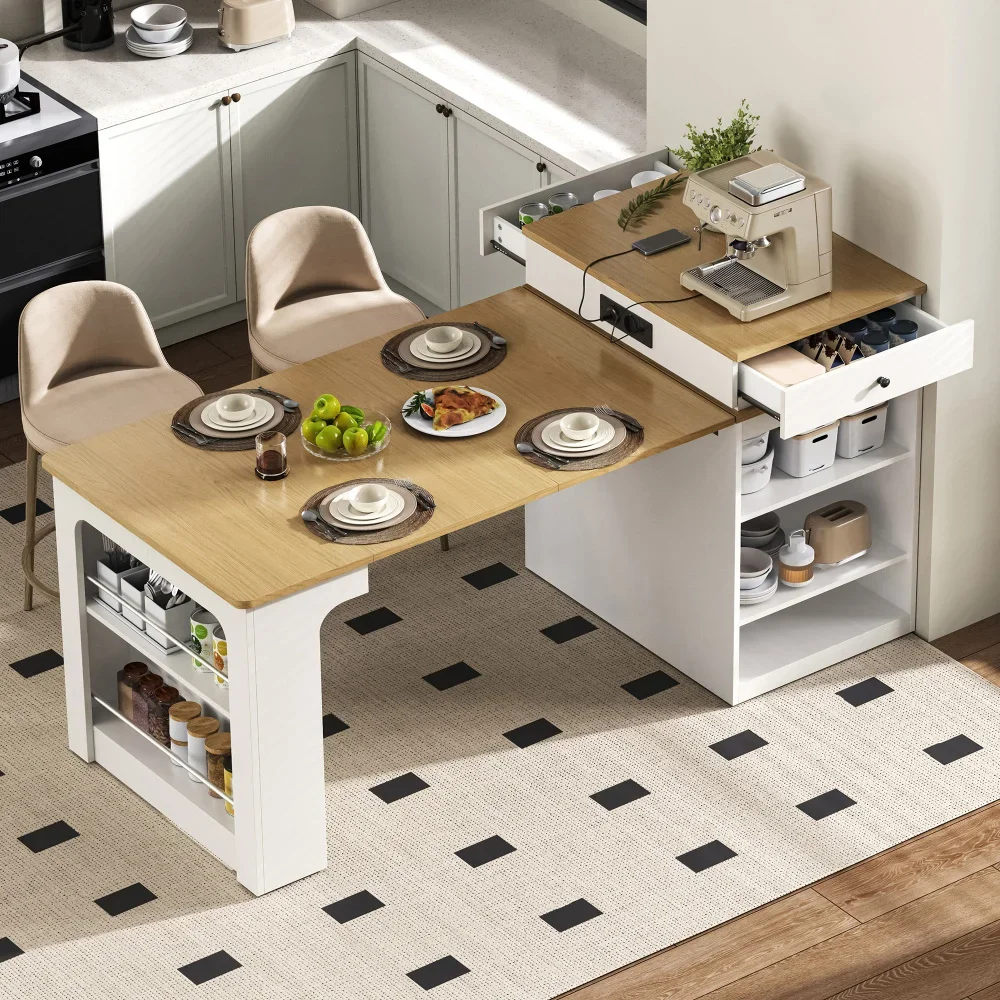 Kücheninsel mit Rollen, ausziehbarer Esstisch mit abnehmbarer Arbeitsplatte, Steckdosenstangen, Sideboard oder Stehtisch