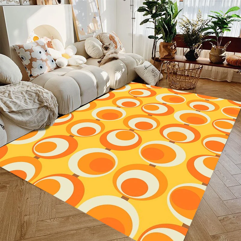 Runder geometrischer Vintage-Teppich in Orange, Braun, Weiß, weich, flauschig, groß, dekorativer Wohnzimmerteppich Image