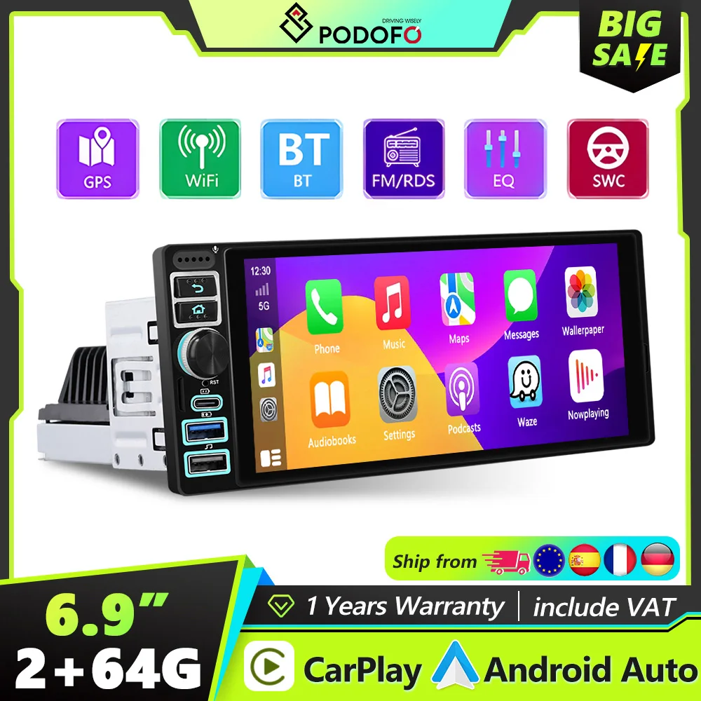 Podofo Android 6,9'' 1 DIN CarPlay Auto-Multimediaplayer Android Auto GPS-Navigation Intelligenter Auto-Player mit Mirror Link Image