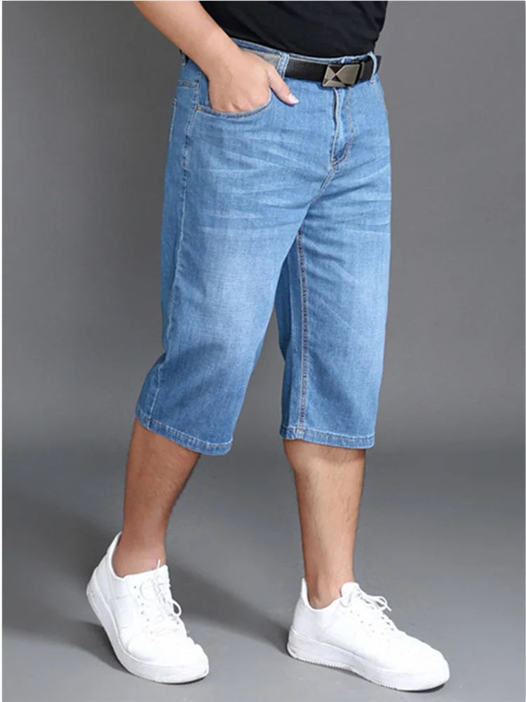 Sommer Shorts waden lange Hose plus Größe 48 42 Männer Denim elastisch gestreckt dünne Jeans übergroße klassische gerade Streetwear