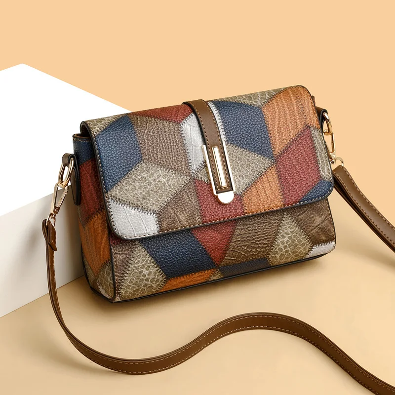 Klappe Sling Schulter Taschen für Frauen Vintage Spleißen Umhängetasche Messenger Tasche Geldbörse Weibliche PU Leder Handtasche Tasche Image