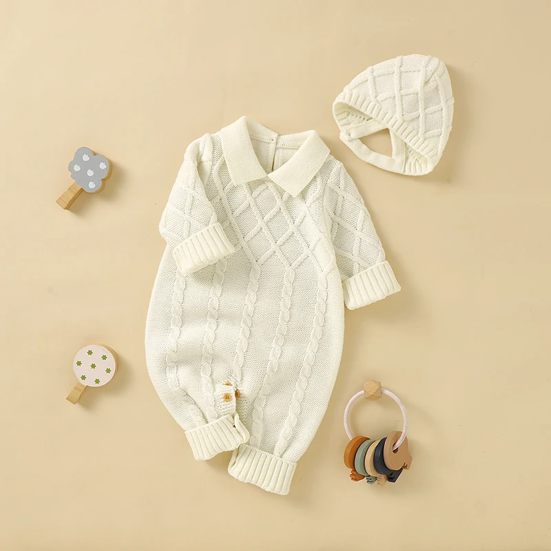 Herbst Baby Strampler Stricken Neugeborenen Jungen Rollkragen Mit Langen Ärmeln Overalls Hüte Outfits Sets Winter Infant Outwear Playsuits 0-18m Image