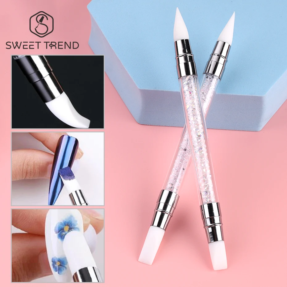 Doppel Kopf Silikon Nail art Stift Carving Blume Sculpting Stift Einstellbare Kleber Stick Präge Pinsel Professionelle Maniküre Werkzeuge Image
