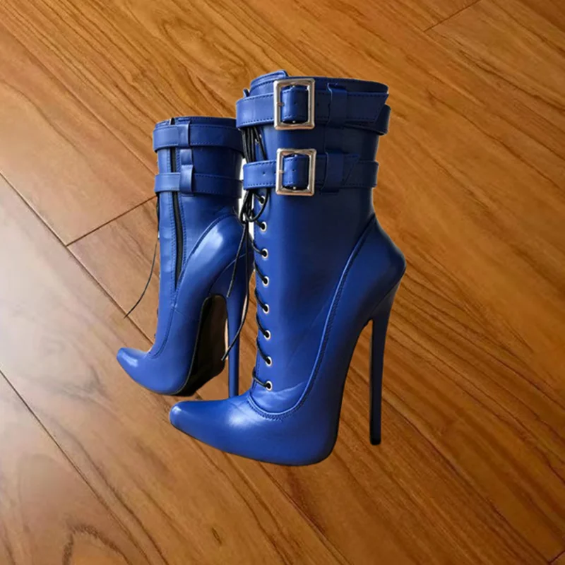 Blaue mittlere Waden-Schnürstiefel, matte Stiefel, spitze Zehen, dünner Absatz, modisch, sexy, kühl, Winter, große Größe 2025, Damenschuhe, Zapatillas Mujer