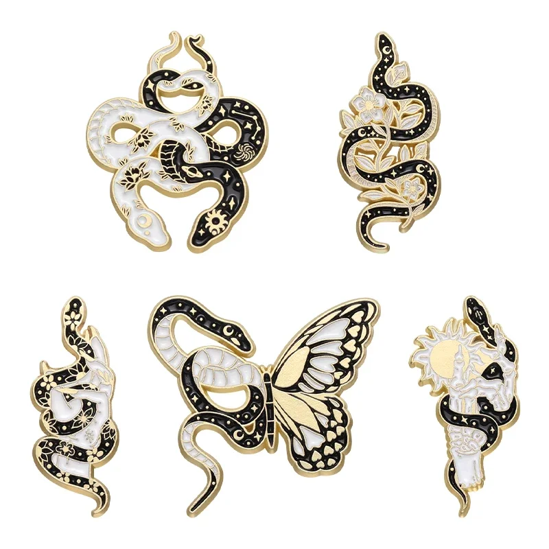 Punk Schlange Schmetterling Brosche Emaille Pin schwarz weiß Tier Punk Goth Halloween Zubehör Großhandel Revers Rucksack Hut Kinder Geschenk