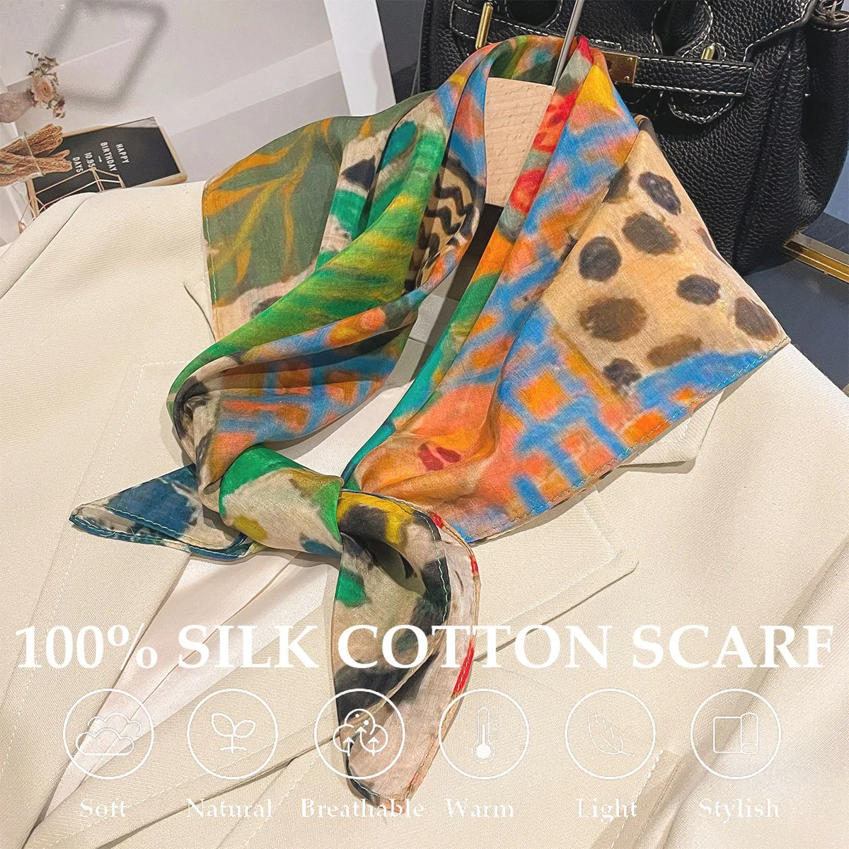 Neue 100% Natürliche Seide Baumwolle Schal Frauen Hals Haar Band Foulard Platz Kleine Stirnband Mode Druck Halstuch Schals Bandana Image