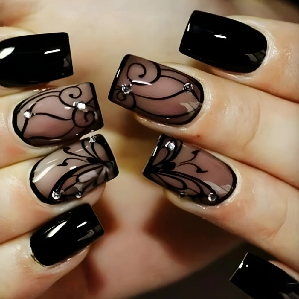 24 Stück/Set kurze künstliche Nägel für die Frühlings- und Sommersaison im französischen Stil, Blumen, Schmetterlings-Design, zum Aufdrücken falscher Nagelkunst-Spitzen Image
