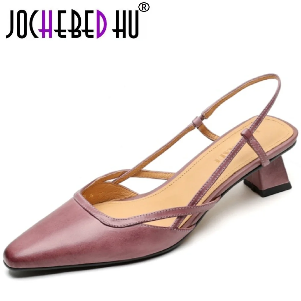 【JOCHEBED HU】Handgefertigte Marke aus echtem Leder, atmungsaktive und bequeme Schuhe für Damen, klobige Slipper mit mittlerem Absatz, Größe 33–40