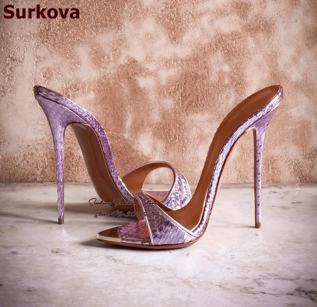 Surkova Rosa Snaskeskin Gold Metall Stahl Spitze Zehen Sandalen Sexy Python Muster High Heel Moderne Hausschuhe Slip-on Kleid Schuhe