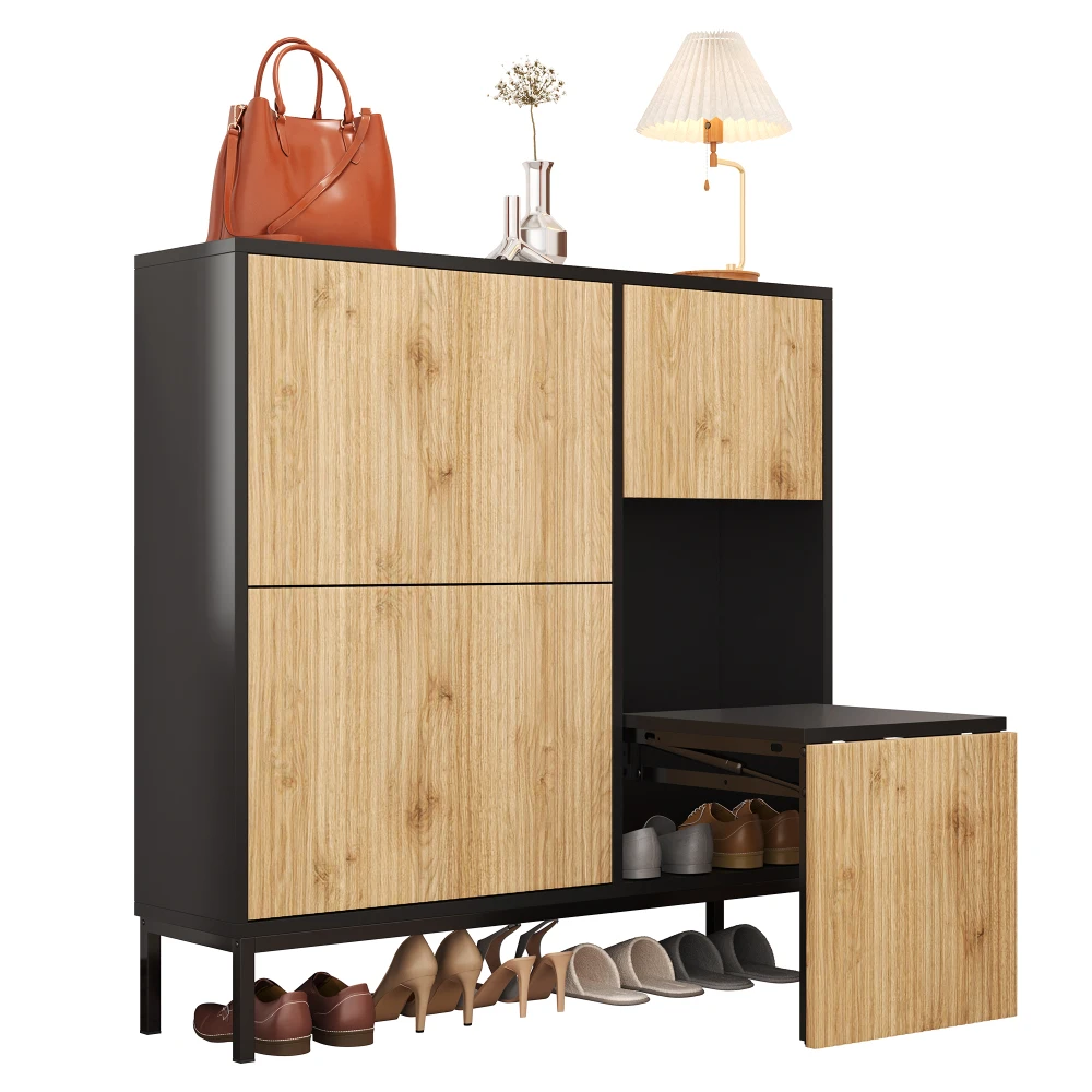 Multifunktionaler platzsparender Schuhschrank – Schuhhaken + Türen mit drei Klappen + offener Stauraum, moderner Schuh-Organizer für Eingangsbereich/Schlafzimmer