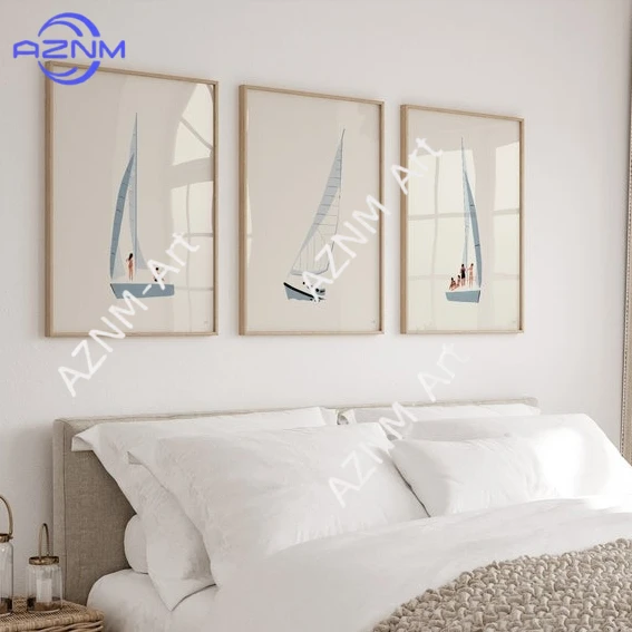 Minimalistischer blauer Segelkunst-Leinwanddruck, Leinwandbild mit Menschen, die am Küstenstrand Bootfahren, Wandkunst-Poster für moderne Wohnzimmer-Dekoration. Image