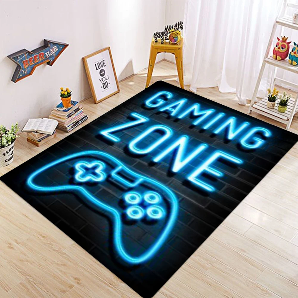 Neonfarbener, farbenfroher Teppich mit Gaming-Thema und Game-Controller-Design. Stilvoller, lustiger und praktischer dekorativer Teppich für das Gamer-Raum Image