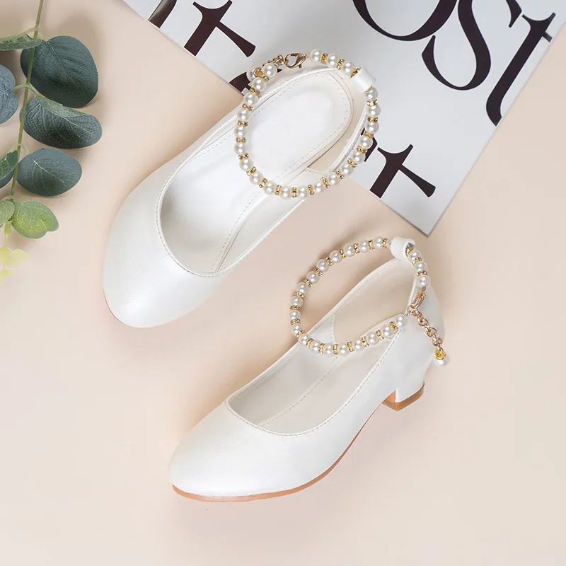 Mädchen-Lederschuhe mit hohen Absätzen, Frühling, Kinder-Schuhe mit hohen Absätzen, mittleren Alters, weiße Hochzeits-Host-Show-Prinzessin-Kleiderschuhe
