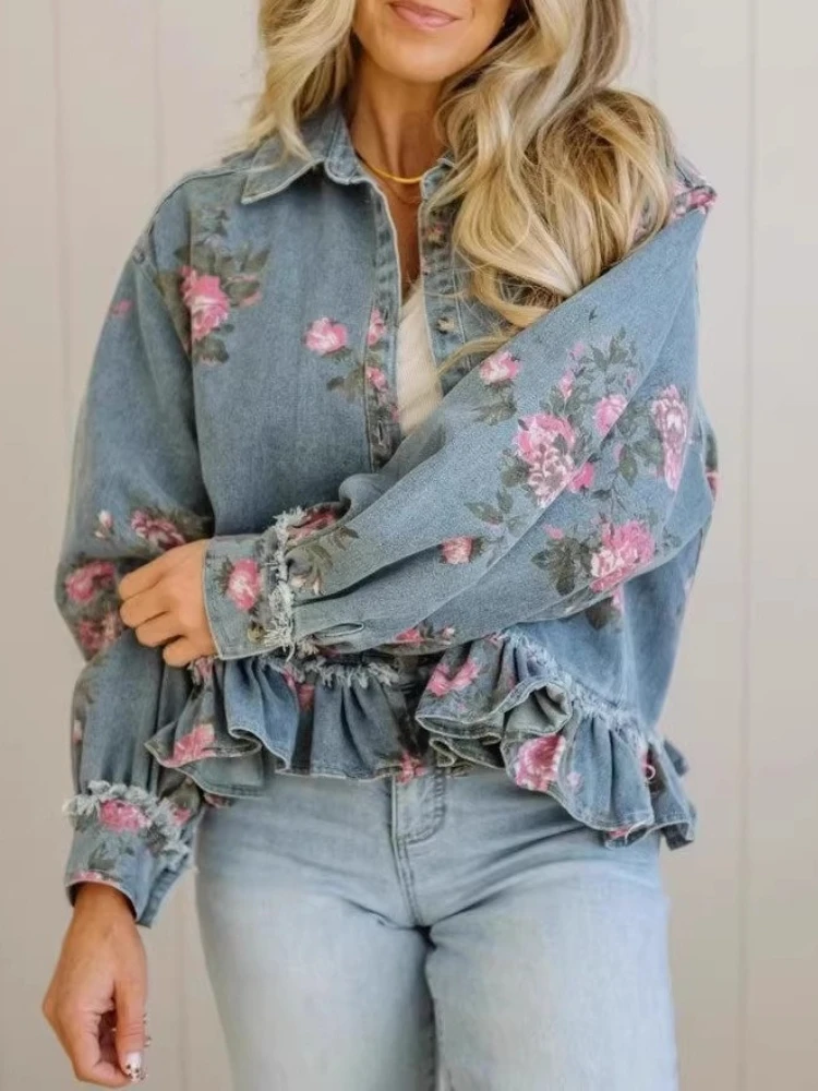 Frühling Herbst Vintage Gewaschene Denim-Damenjacke Bedruckter Loser Mantel mit Langen Ärmeln Elegante Modische Damenbluse Damenkleidung Image