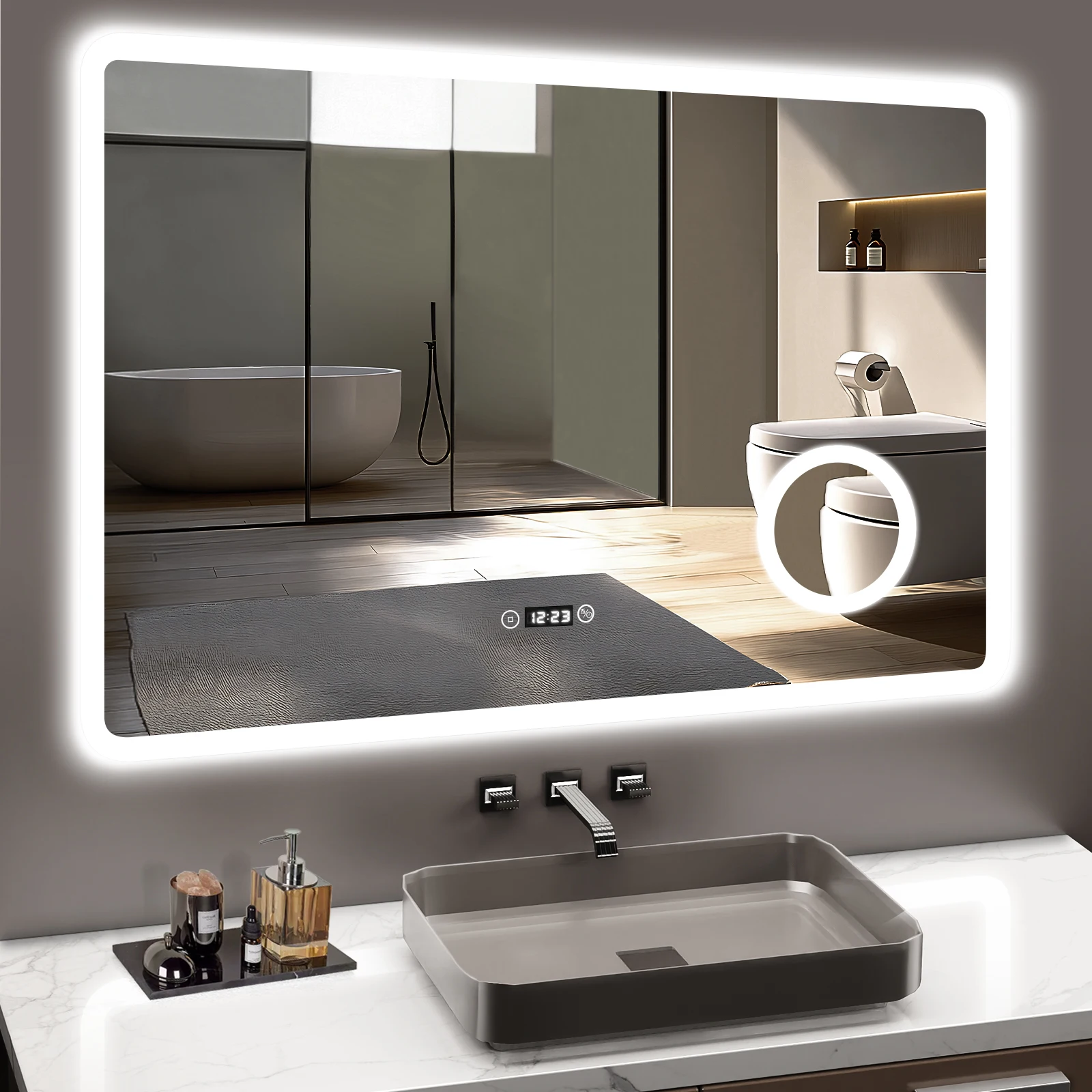 LED Badezimmer Spiegel mit Uhr,3 Lichtfarben,Dimmbar,3-facher Vergrößerung,Anti-Beschlag,Speicherfunktion,IP44 wasserdicht,80x60 Image