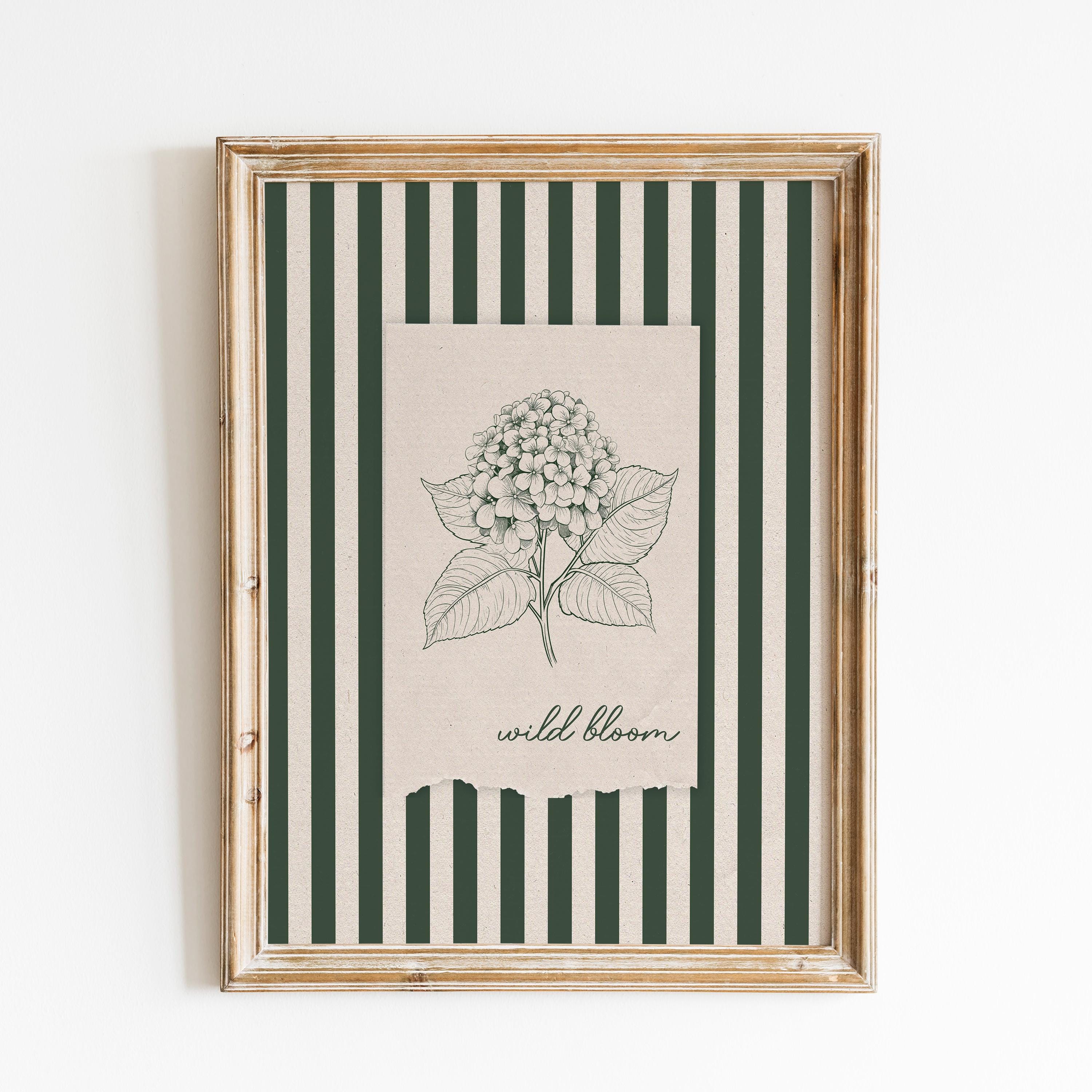 Stampa vintage di ortensie / Set di decorazioni murali con ortensie a righe / Decorazioni murali in stile fattoria / Stampe floreali in stile country