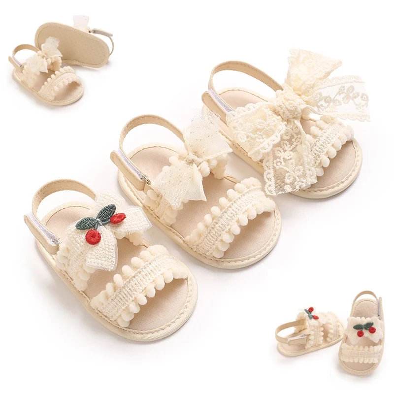Aprikosenfarbene neue Sommer-Babyschuhe, niedliche Schleife, Stoffsohle, rutschfest, 0–18 Monate, Baby-Sandalen, Turnschuhe