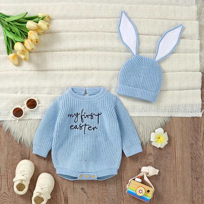 Frühling Baby Ostern Kleidung Sets Niedlichen Kaninchen Ohr Hüte + Bodys Neugeborenen Jungen Mädchen Outfits 2 stücke Herbst Winter Infant stricken Kostüm Image