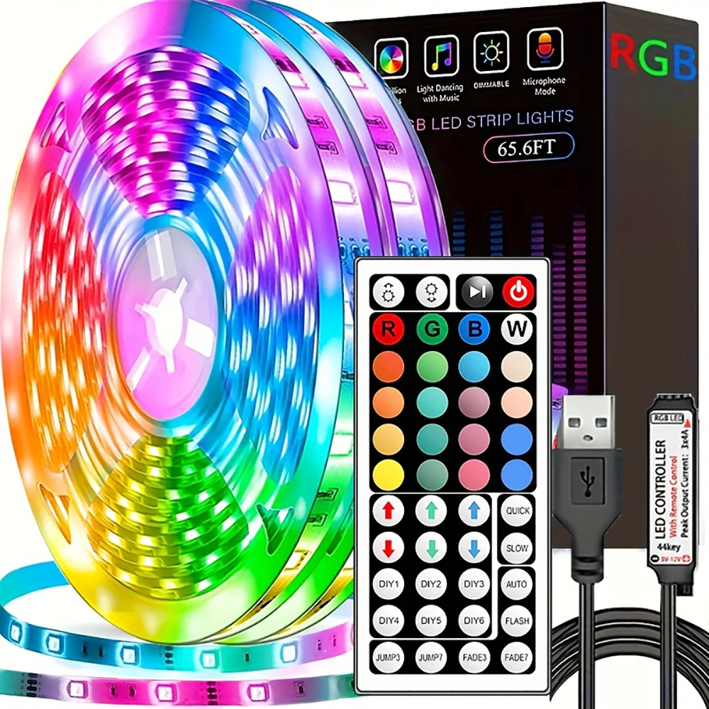 LED-Streifenlichter mit 44-Tasten-Fernbedienung, 1 m, 5 m, 10 m, 20 m, RGB-Band, LED-Wand, Zimmer für Zuhause, Schlafzimmer, Party, Dekoration, TV-Hintergrundbeleuchtung