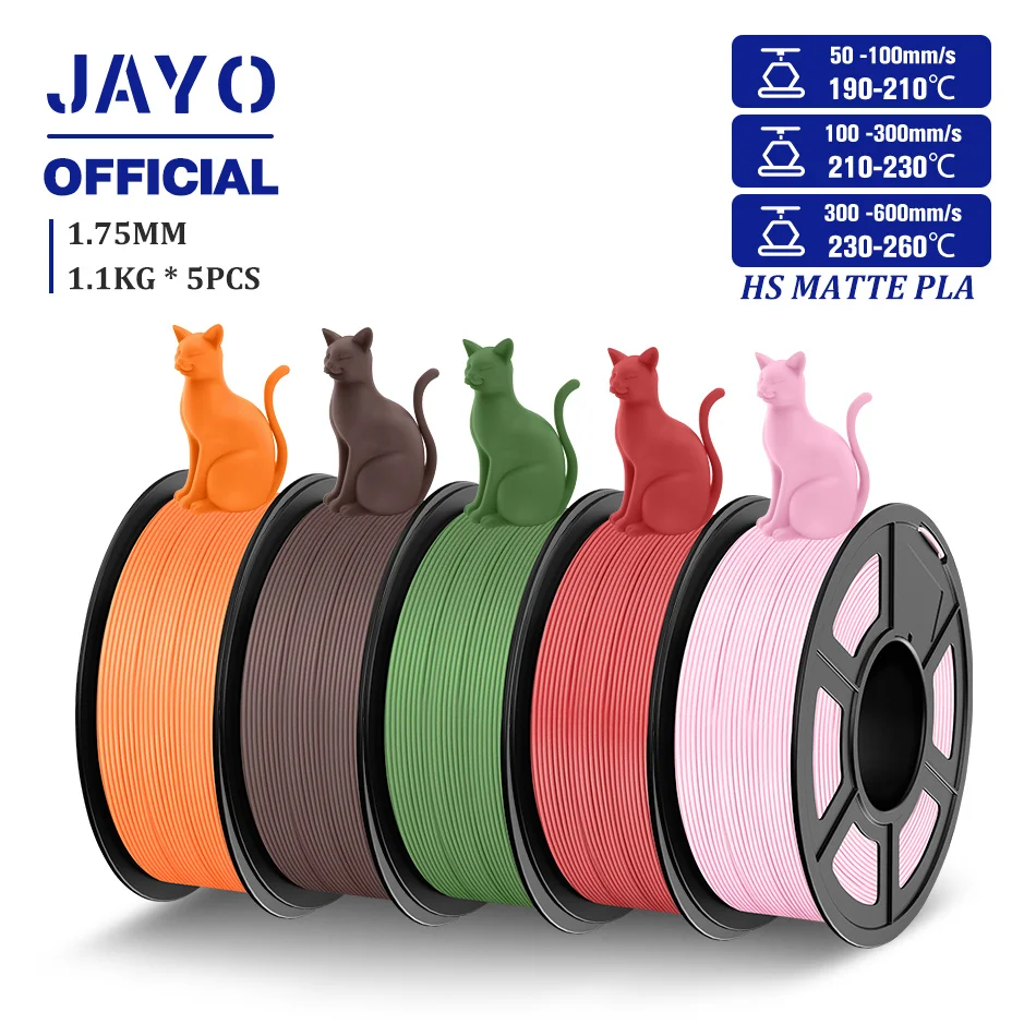 JAYO Hochgeschwindigkeits-PLA-Matt-3D-Drucker-Filament, 1,75 mm PLA, klassisches Filament, 5 Rollen/Set, hohe Zähigkeit, mattes 3D-Filament, 1,1 kg/Rolle Image