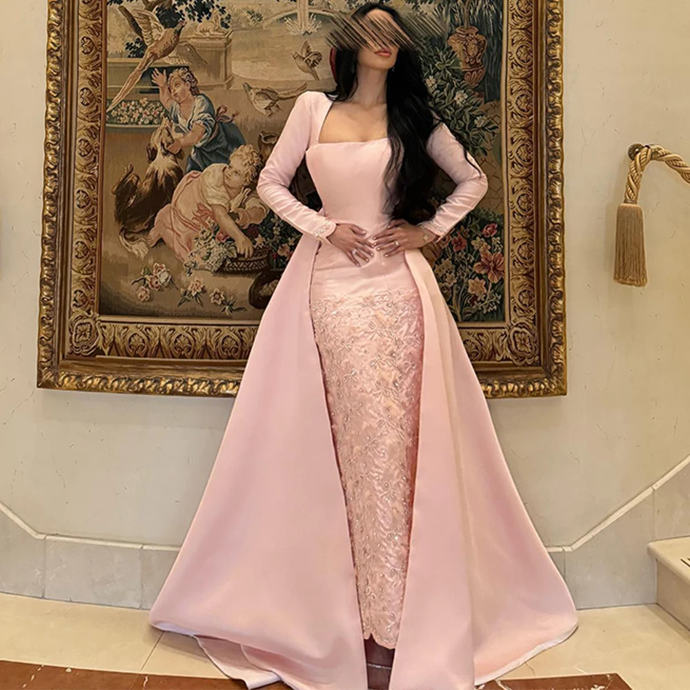 Maßgeschneiderte Partykleider mit quadratischem Kragen und langen Ärmeln, rosa Satin-Abendkleid, elegante Panel-Schleppe, Kristallperlen-Abschlussballkleider Image