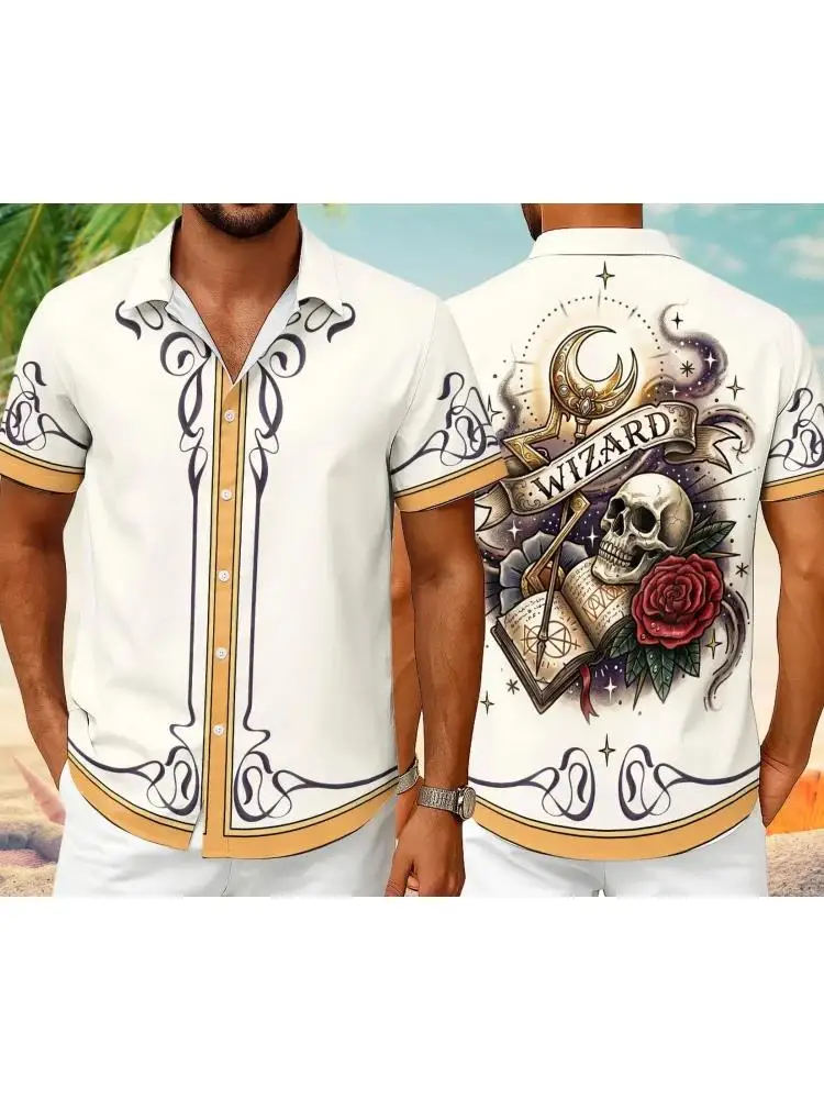 Hemden für Herren, 3D-Vintage-Horror-Totenkopf-Rocker-Print, Gothic Rockabilly, hawaiianisches Kurzarmhemd, Sommer, atmungsaktive Herrenbekleidung