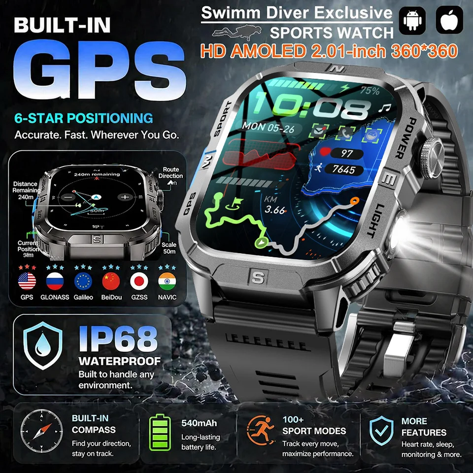 2026 Neue Smartwatch mit integriertem GPS-Positionssystem, 2,01 Zoll Display, Militärkompass, Schwimmtauglichkeit IP68, Bluetooth-Anruffunktion, Kompass, 100+ Sportarten, iOS-kompatibel Image