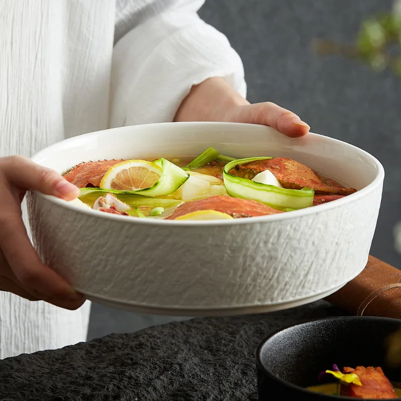 Household Stone Patterned Ceramic Bowls, Soup Bowls, Fruit Salad Bowls, Deep Dishes, Solid Color Tableware, Kitchen Supplies