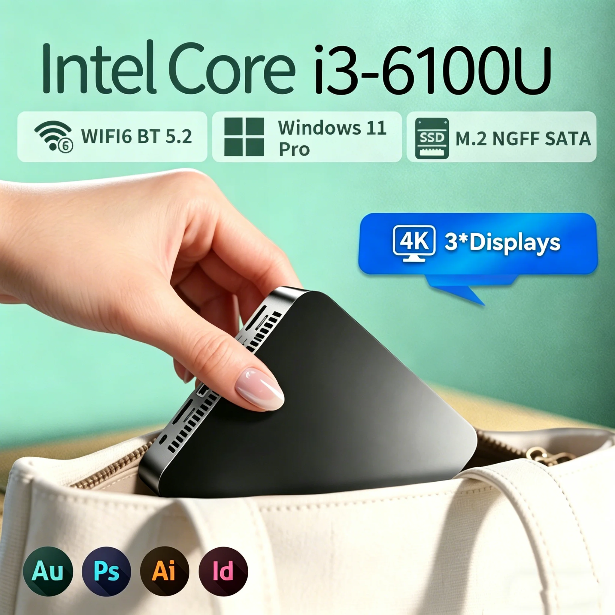 NOUVEAU Mini PC 2026 Windows 11 Pro Intel Core i3 6100U 16 Go de RAM 512 Go SSD 4K HD Type-C Mini PC Ordinateur de Bureau Wifi 6
