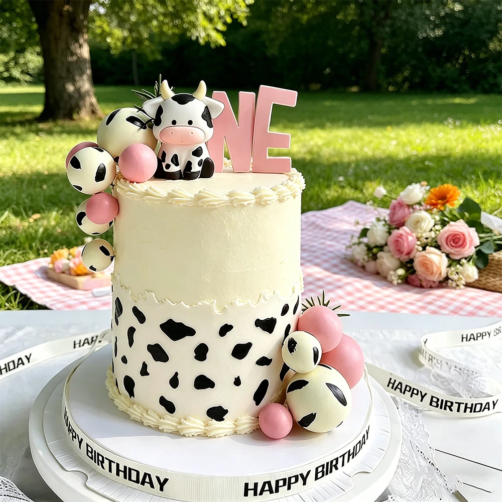 Niedlicher Kuh-Tier-Kuchenaufsatz, rosa Farbkugeln, Dekoration für Kinder, 1. Geburtstag, Babyparty, Junge, Mädchen, Party-Kuchendekorationsset Image