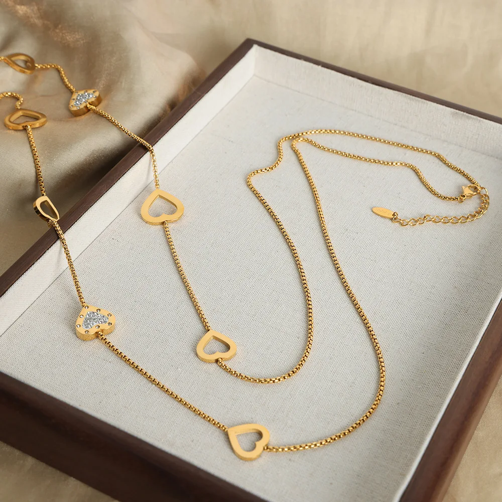 120 cm lange Pullover-Ketten-Halsketten für Frauen, 18 Karat vergoldet, nicht anlaufend, Damen-Halskette mit hohlem Herz-Anhänger aus Edelstahl Image