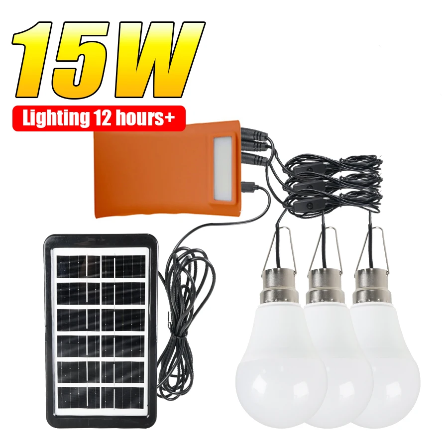 15W LED ampoule solaire lumières 3 têtes lumière solaire intérieur maison chambre suspendue lampe d'urgence alimentée par la lumière du soleil lampe solaire ampoule lumières