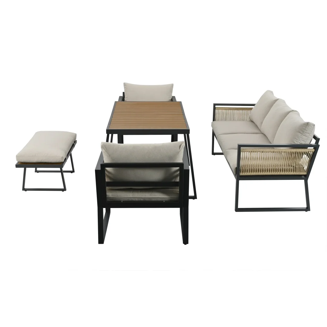 Ensemble de salle à manger de jardin, ensemble de fauteuils de jardin, 5 pièces Ensemble de meubles de jardin, canapé 3 places, 2 fauteuils, tabourets et table à manger, plateau en bois composite,