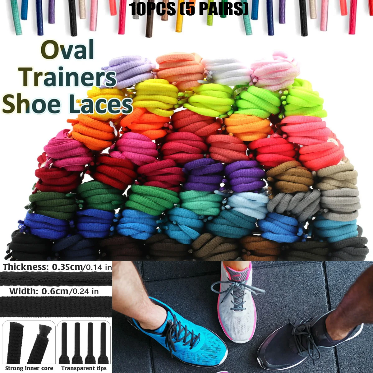 10 Stück (5 Paar) Langlebige Ovale Polyester-Schnürsenkel 0,14 Zoll Halbrunde Sportliche Laufschuh-Schnürsenkel in 5 Farbvarianten Image