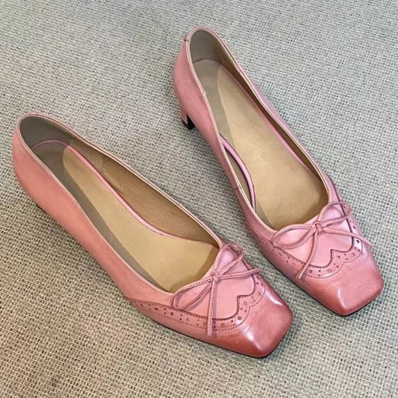 Fashion Designer Dress Shoes Female Square Toe Pumps Bowknot Shallow Low Heel Office Women Shoes Retro Elegant High Heels Women