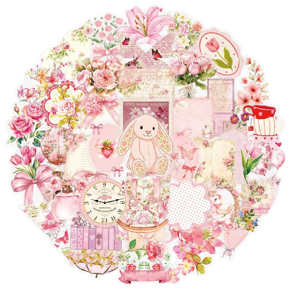 50-teiliges Set Rosa Vintage Blumen Transparente PET-Aufkleber für Gepäck, Handy, Notizbuch, Schreibwaren, Wasserfeste Deko-Sticker Image