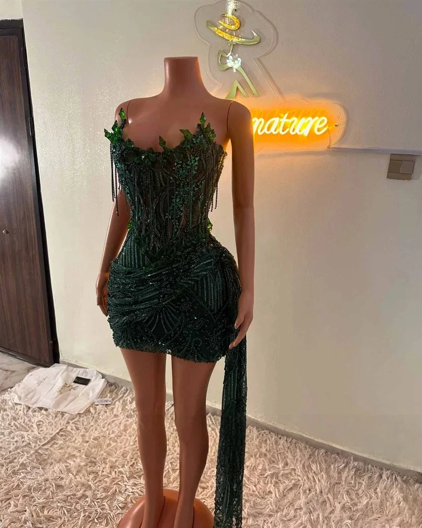 Green Short Prom Dresses For Black Girls Sheer Beaded African American Birthday Party Homecoming Cocktail Dresses Customized